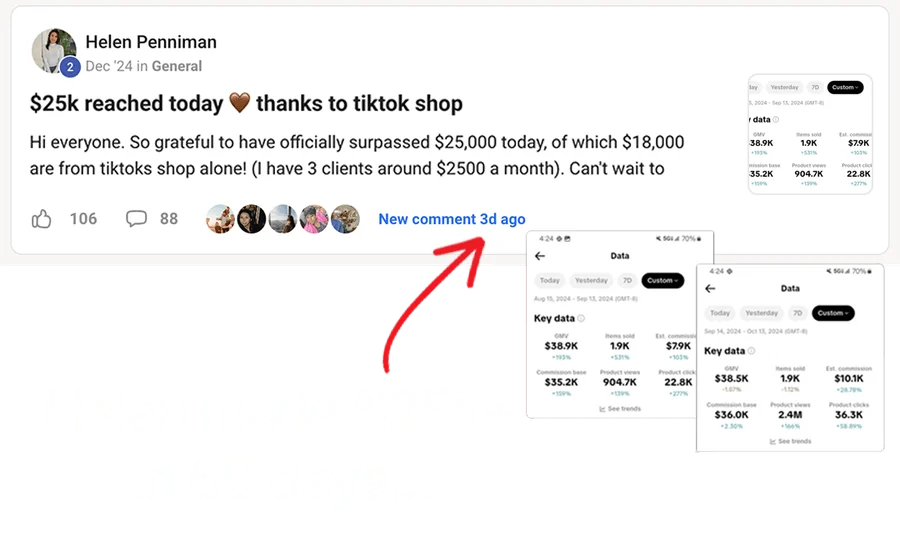 Helen Penniman: $25k reached today thanks to tiktok shop