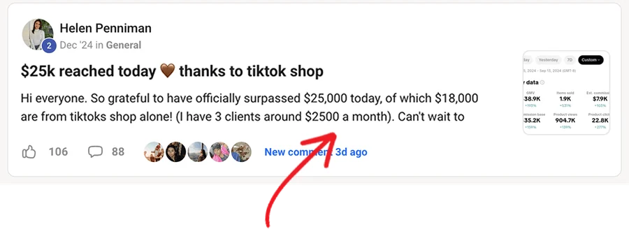 Helen Penniman: $25k reached today thanks to tiktok shop
